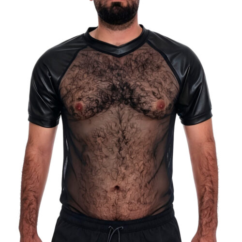 Camiseta Mallatex Negra y Mangas Ranglan en Cuerina